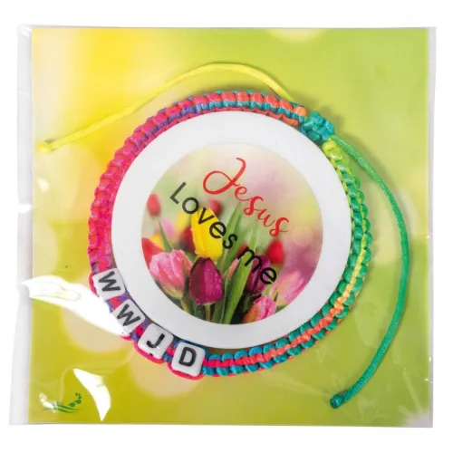 BRACELET EN TEXTILE ARC EN CIEL AVEC LES LETTRES WWJD