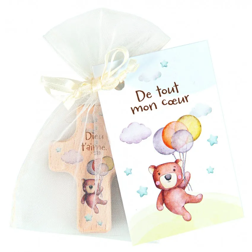 MINI CROIX EN BOIS DE HETRE "OURSON" AVEC BORDS ARRONDIS ET TEXTE DIEU T'AIME