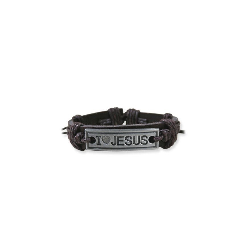 BRACELET EN CUIR NOIR PLAQUE METAL "I LOVE JESUS"