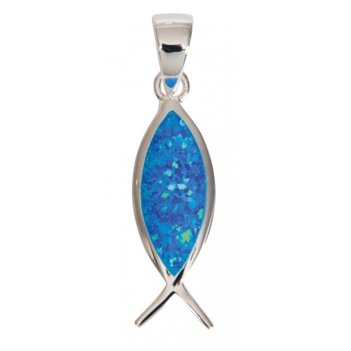 PENDENTIF ICHTUS EN ARGENT ET NACRE BLEUE