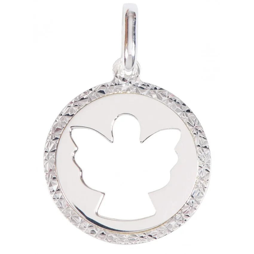PENDENTIF ROND ANGE ESTAMPILLE ET BORD FLEURI EN ARGENT