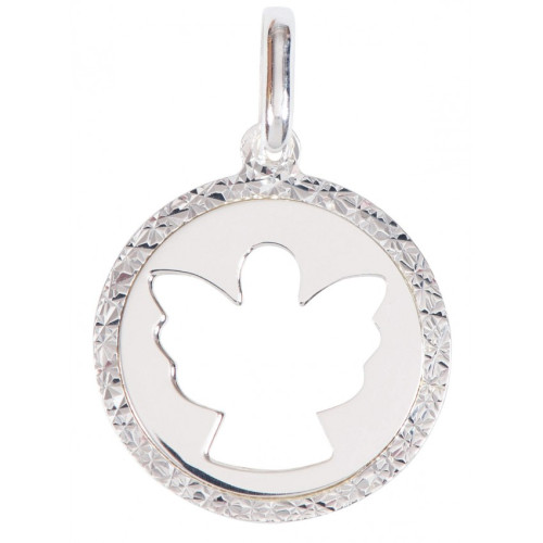 PENDENTIF ROND ANGE ESTAMPILLE ET BORD FLEURI EN ARGENT