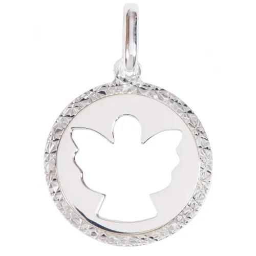 PENDENTIF ROND ANGE ESTAMPILLE ET BORD FLEURI EN ARGENT