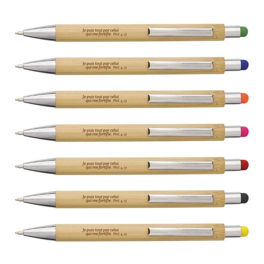 STYLO A BILLE TACTILE BAMBOU GRAVE AVEC TEXTE - BLEU