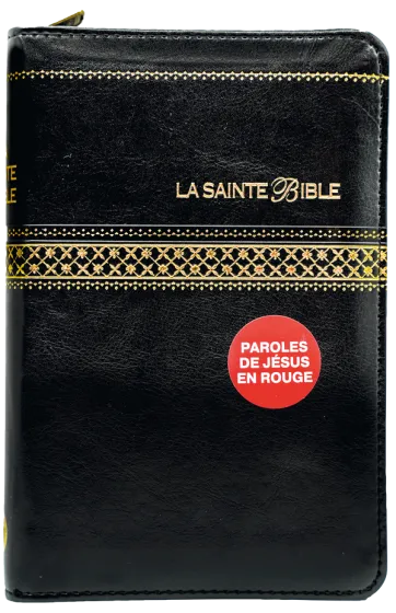 BIBLE SEGOND 1910 SIMILICUIR NOIR TRANCHE OR ZIP PAROLE DE JESUS EN ROUGE