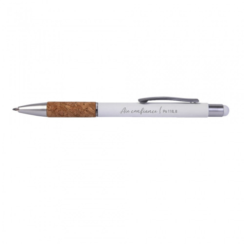 STYLO TACTILE EN ALUMINIUM ET LIEGE "AIE CONFIANCE" BLANC