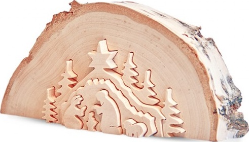 CRECHE DE NOEL EN RELIEF, TAILLE DANS UN RONDIN DE BOIS 12.5 CM