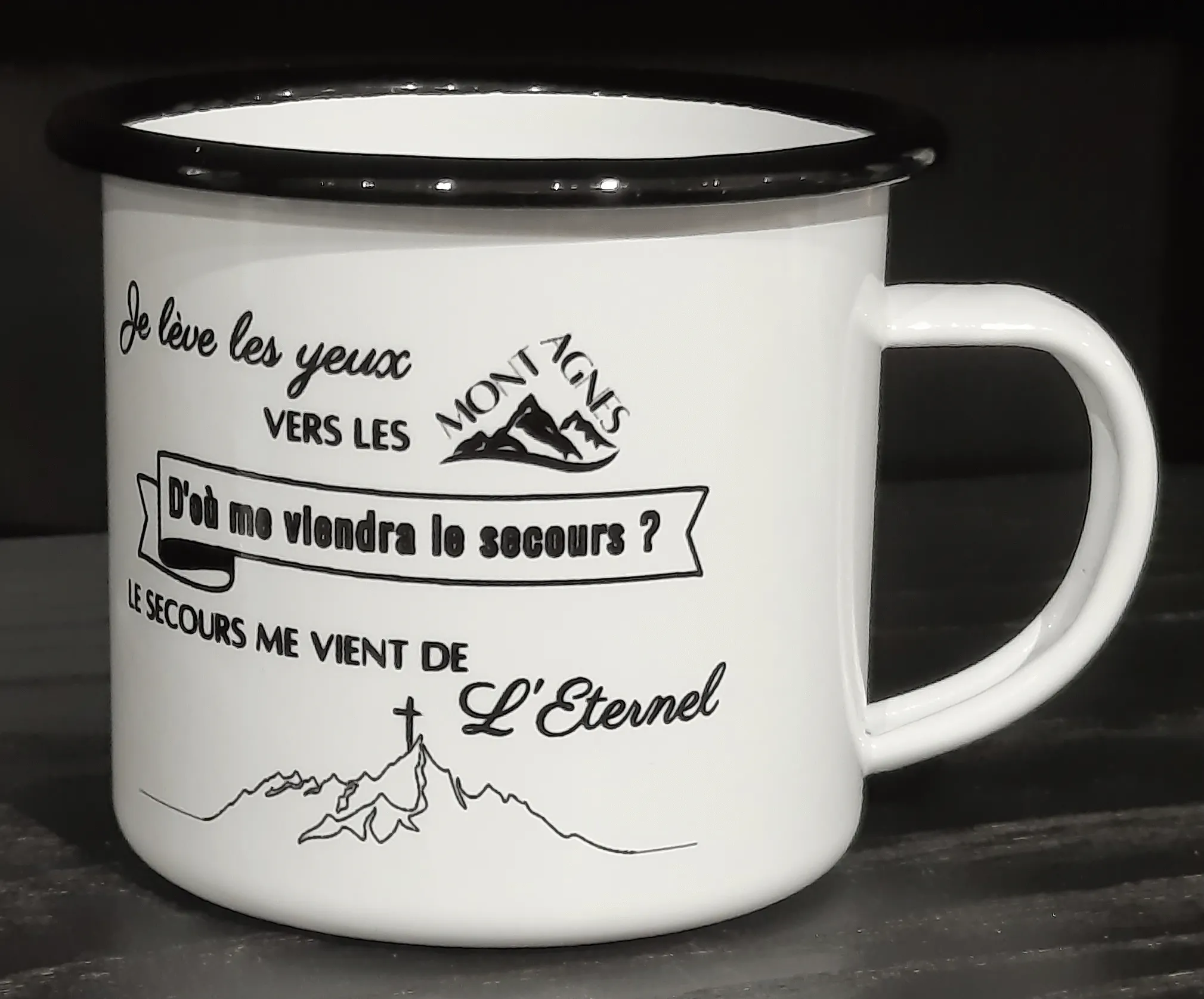 TASSE EMAILLEE - JE LEVE LES YEUX VERS LES MONTAGNES