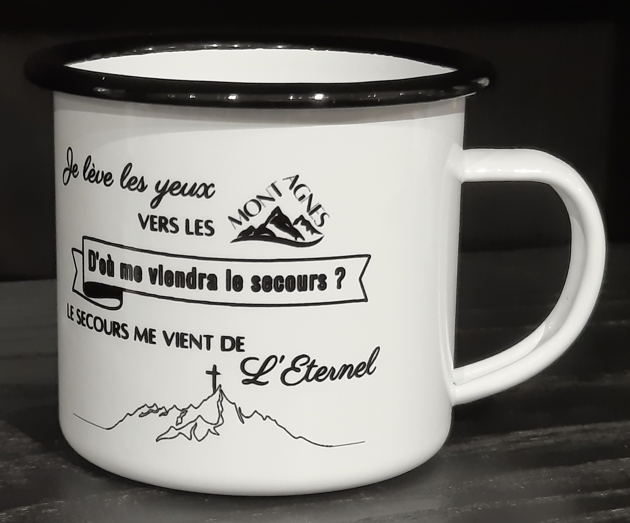 TASSE EMAILLEE - JE LEVE LES YEUX VERS LES MONTAGNES