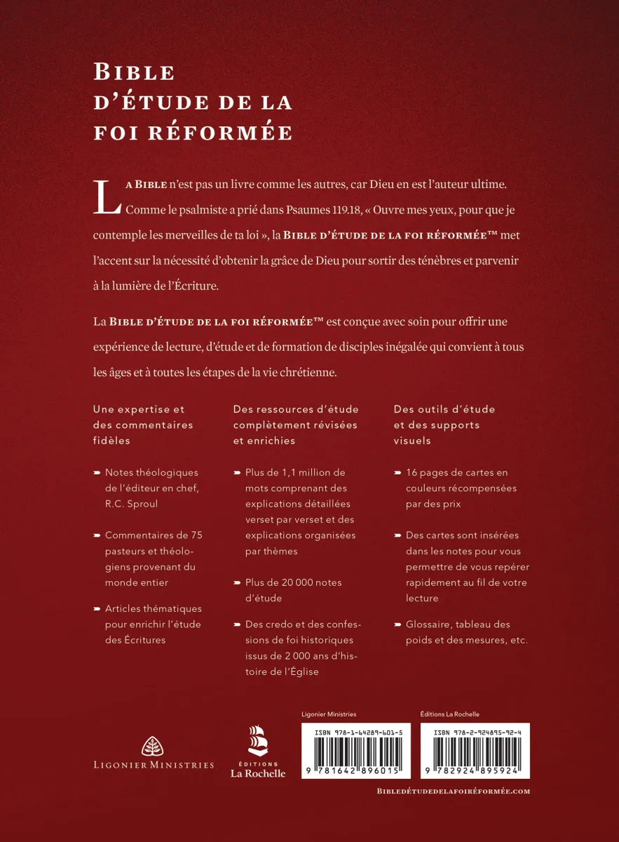 BIBLE COLOMBE D'ETUDE DE LA FOI REFORMEE RIGIDE POURPRE