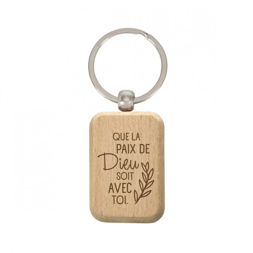 PORTE-CLES EN BOIS GRAVE " QUE LA PAIX DE DIEU SOIT AVEC TOI"