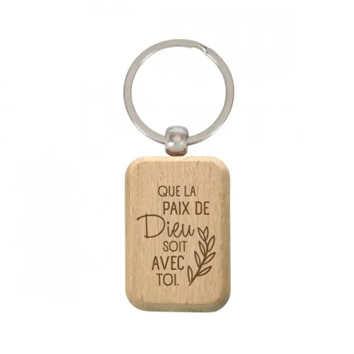PORTE-CLES EN BOIS GRAVE " QUE LA PAIX DE DIEU SOIT AVEC TOI"