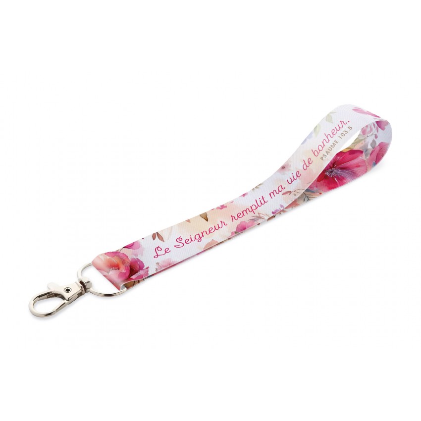 PORTE-CLES RUBAN "LE SEIGNEUR REMPLIT MA VIE DE BONHEUR"