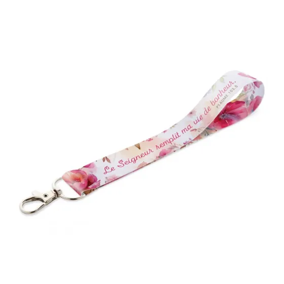 PORTE-CLES RUBAN "LE SEIGNEUR REMPLIT MA VIE DE BONHEUR"