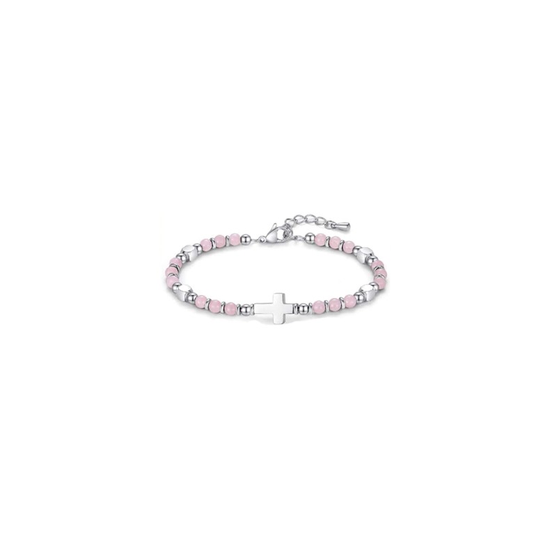 BRACELET DE PERLES CROIX ROSE