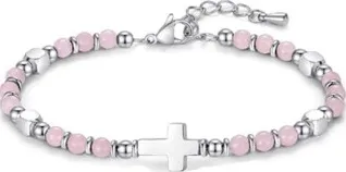 BRACELET DE PERLES CROIX ROSE