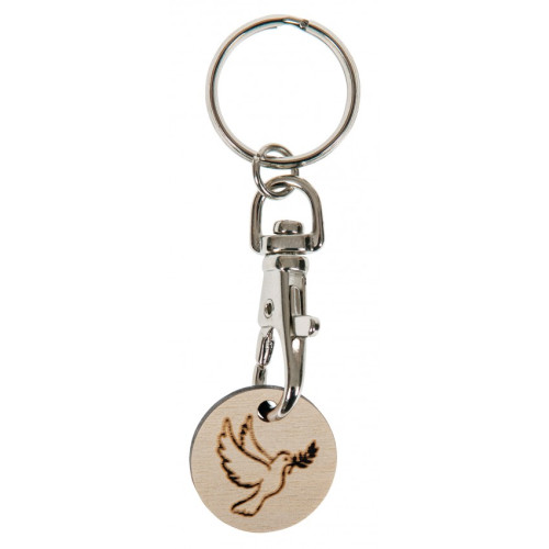 PORTE-CLES AVEC MOUSQUETON ET JETON EN BOIS - COLOMBE