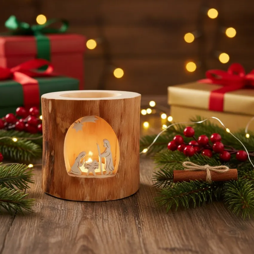 PHOTOPHORE EN BOIS SANS ECORCE - MOTIF EN ERABLE: CRECHE