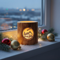 PHOTOPHORE EN BOIS SANS ECORCE - MOTIF: CRECHE