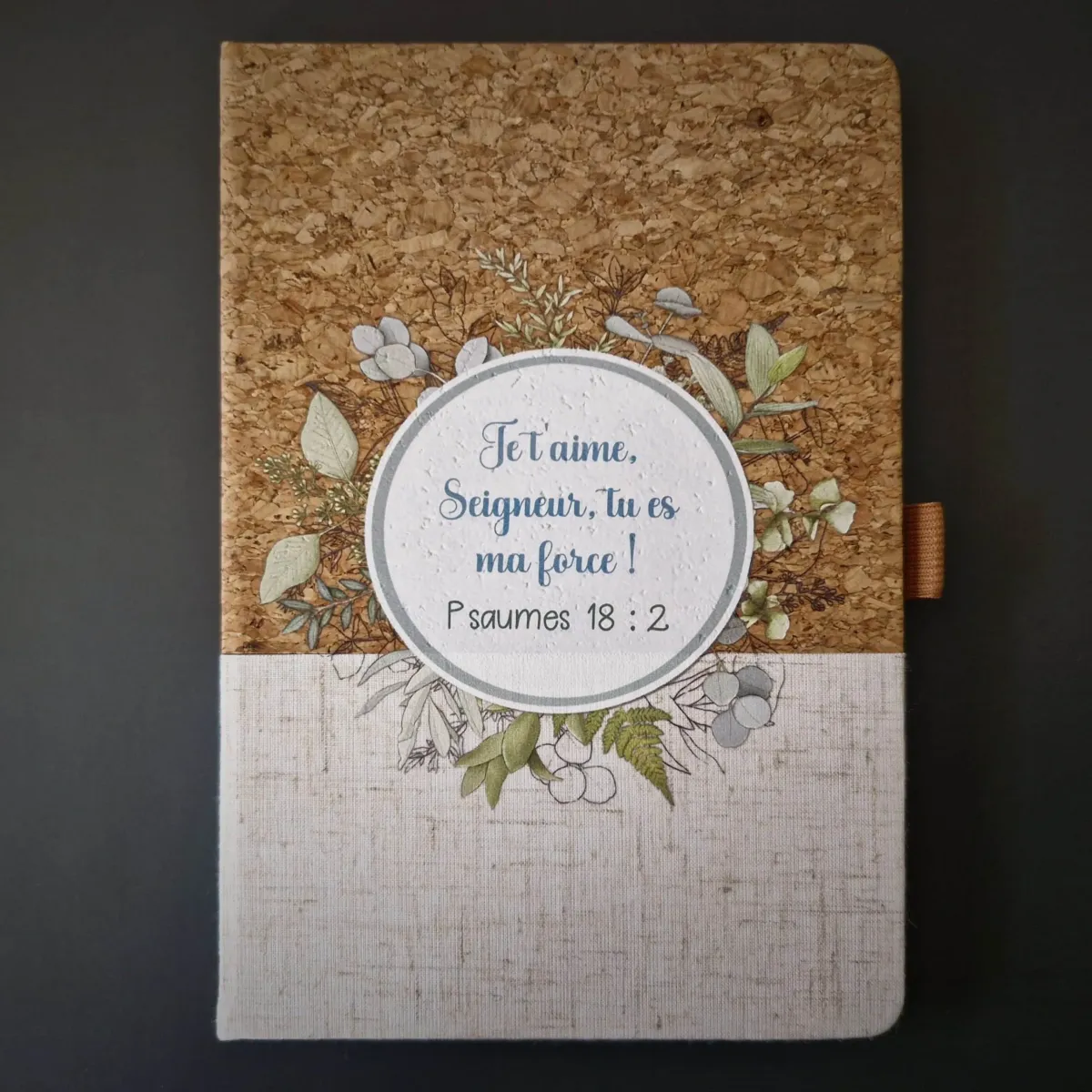 CARNET A5 LIEGE ET TOILE BLANC ECRU PSAUMES 18:2