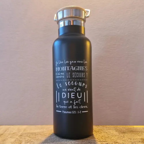 BOUTEILLE ISOTHERME NOIRE COUVERCLE BAMBOU 2 PSAUMES 121:1-2