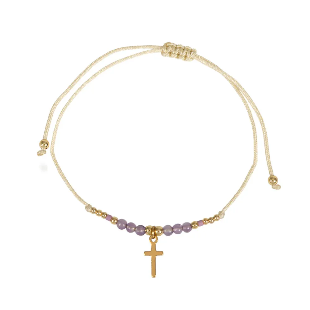 BRACELET TEXTILE AVEC PERLES ET CROIX ACIER INOXYDABLE - PERLES VIOLETTES