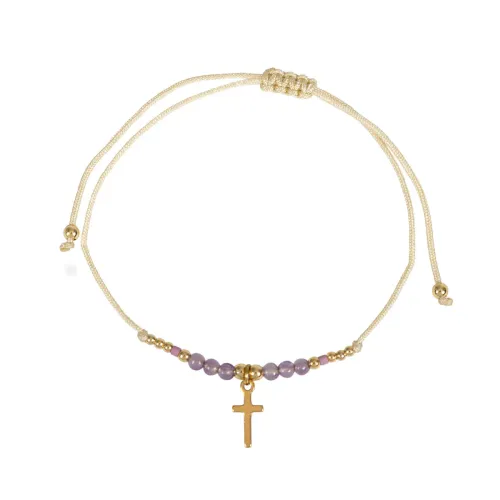 BRACELET TEXTILE AVEC PERLES ET CROIX ACIER INOXYDABLE - PERLES VIOLETTES