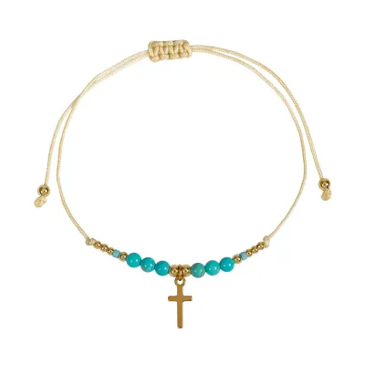 BRACELET TEXTILE AVEC PERLES ET CROIX ACIER INOXYDABLE - PERLES TURQUOISE