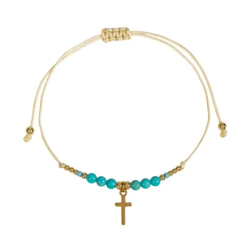 BRACELET TEXTILE AVEC PERLES ET CROIX ACIER INOXYDABLE - PERLES TURQUOISE