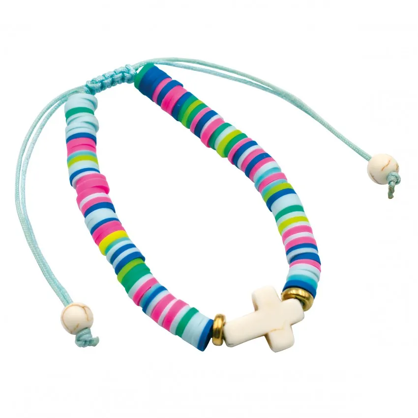 BRACELET PERLES PLATES ET CROIX BLEU CLAIR