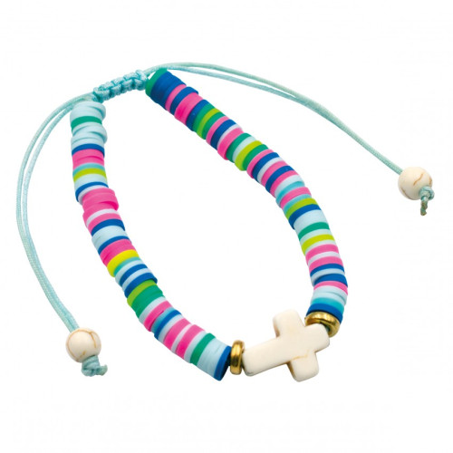 BRACELET PERLES PLATES ET CROIX BLEU CLAIR