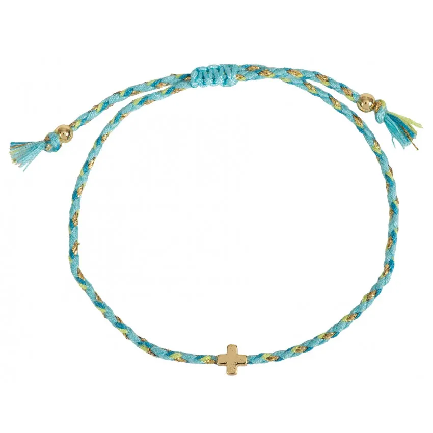 BRACELET TEXTILE TRESSE AVEC CROIX - TURQUOISE
