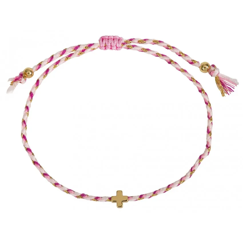 BRACELET TEXTILE TRESSE AVEC CROIX - ROSE
