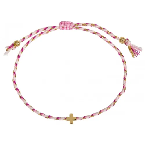 BRACELET TEXTILE TRESSE AVEC CROIX - ROSE
