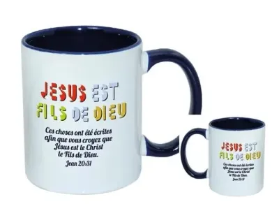 MUG BICOLORE BLANC BLEU MARINE JESUS EST FILS DE DIEU JEAN 20.31