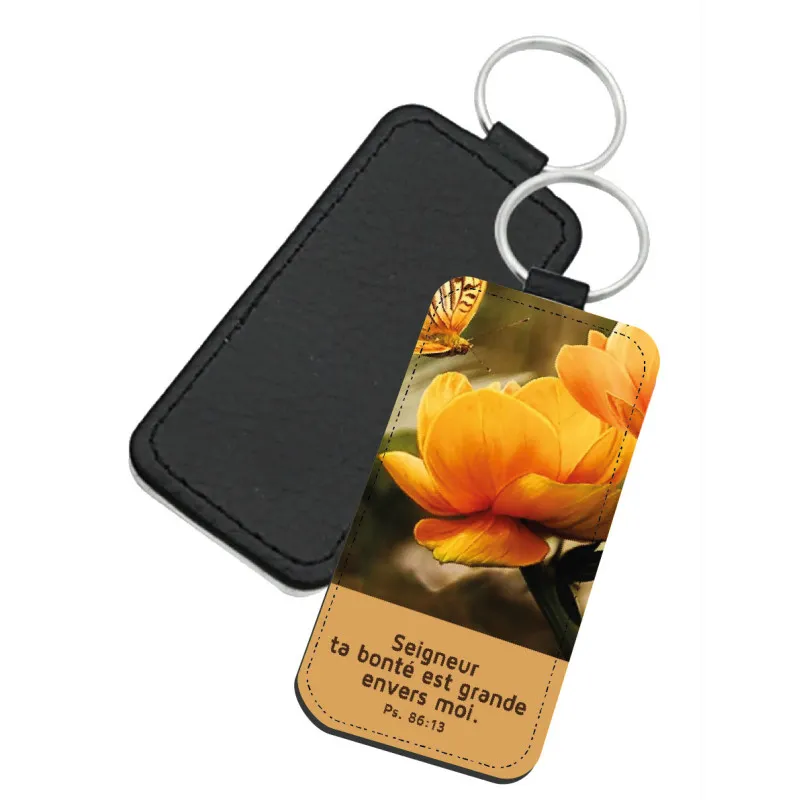 PORTE-CLES SIMILICUIR RECTANGLE NATURE FLEURS ET PAPILLON - PS 86.13