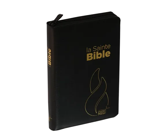 BIBLE NEG COMPACTE FIBROCUIR NOIR TR. OR ONGLETS FERMETURE ECLAIR