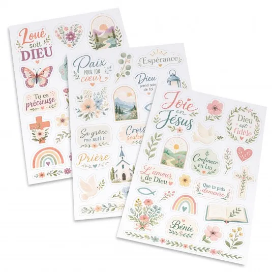 LOT DE 3 PLANCHES D'AUTOCOLLANTS - MOTIFS CHRETIENS