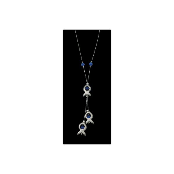 COLLIER ICHTHUS ET PERLES BLEUES