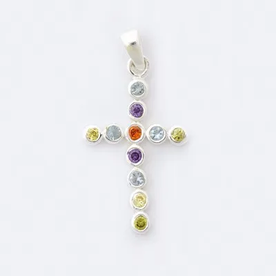 MEDAILLON CROIX ARGENT PIERRES DE COULEUR 2 X 2.5 CM - 6575