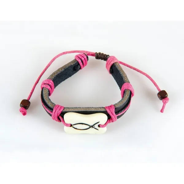 BRACELET CUIR ICHTUS CORDELETTES FUSCHIA 1CM TAILLE REGLABLE