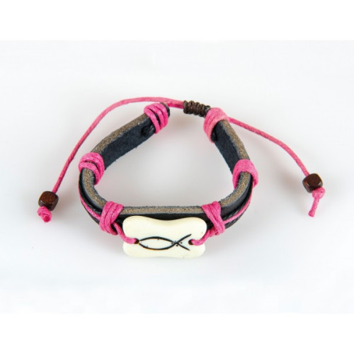 BRACELET CUIR ICHTUS CORDELETTES FUSCHIA 1CM TAILLE REGLABLE