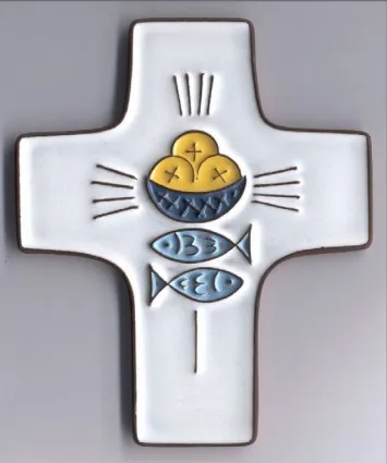 CROIX CERAMIQUE CATHO 2 POISSONS BLANC 9.5X11.5 CM