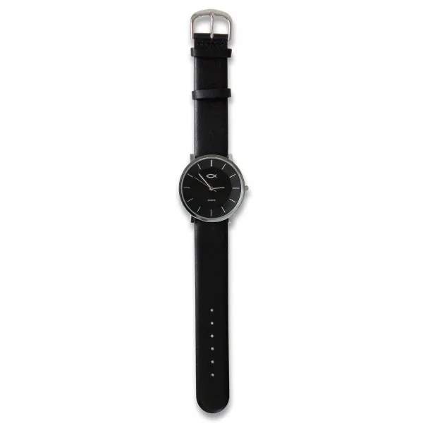 MONTRE NOIR ET METAL ICHTHUS BRACELET CUIR 23.5 CM