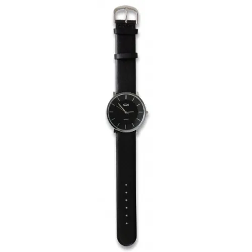 MONTRE NOIR ET METAL ICHTHUS BRACELET CUIR 23.5 CM