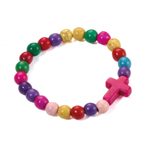 BRACELET PERLES MULTICOLORES ET CROIX ROSE