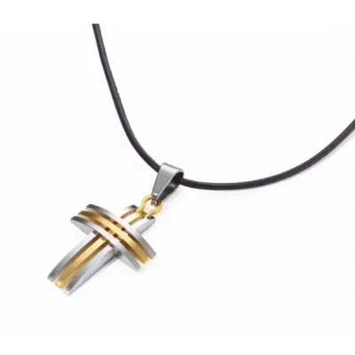 PENDENTIF CROIX TROIS BANDES ARGENT ET OR CORDON CUIR 50CM