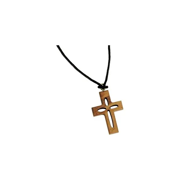 COLLIER AVEC PENDENTIF CROIX AJOUREE EN BOIS 37 CM