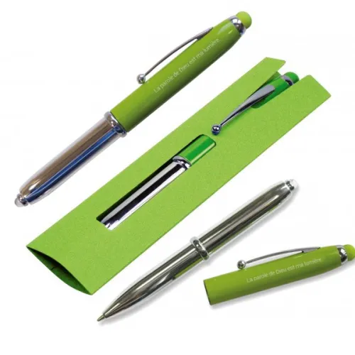 STYLO EMMAUS VERT AVEC LED EMBOUT TACTILE ETUI CARTON