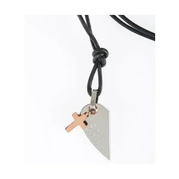PENDENTIF CROIX DEMI COEUR ACIER INOXYDABLE COLLIER CUIR